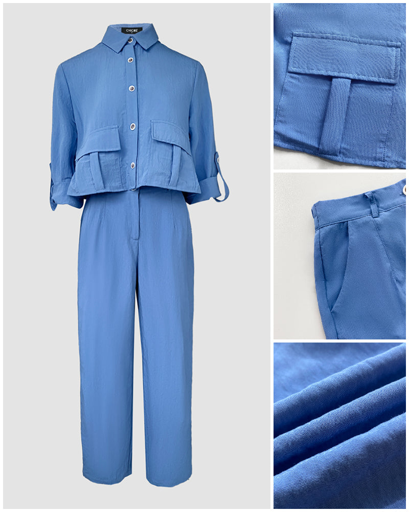 2 Pieces Outfit Turn-down Collar Turn-Up Sleeves Button Front Flap Pockets Design Top and Causal Zipper Fly Elastic Back Waist Wide Leg Pants Set