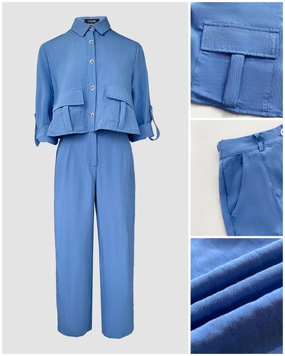 2 Pieces Outfit Turn-down Collar Turn-Up Sleeves Button Front Flap Pockets Design Top and Causal Zipper Fly Elastic Back Waist Wide Leg Pants Set