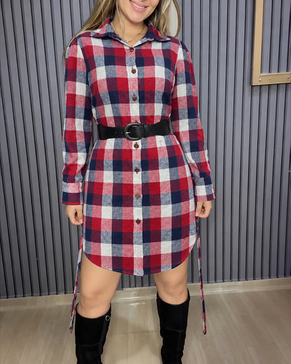 Women's Plaid Shirred Back Waist Shirt Dress Single Breasted Long Sleeve Casual Dress