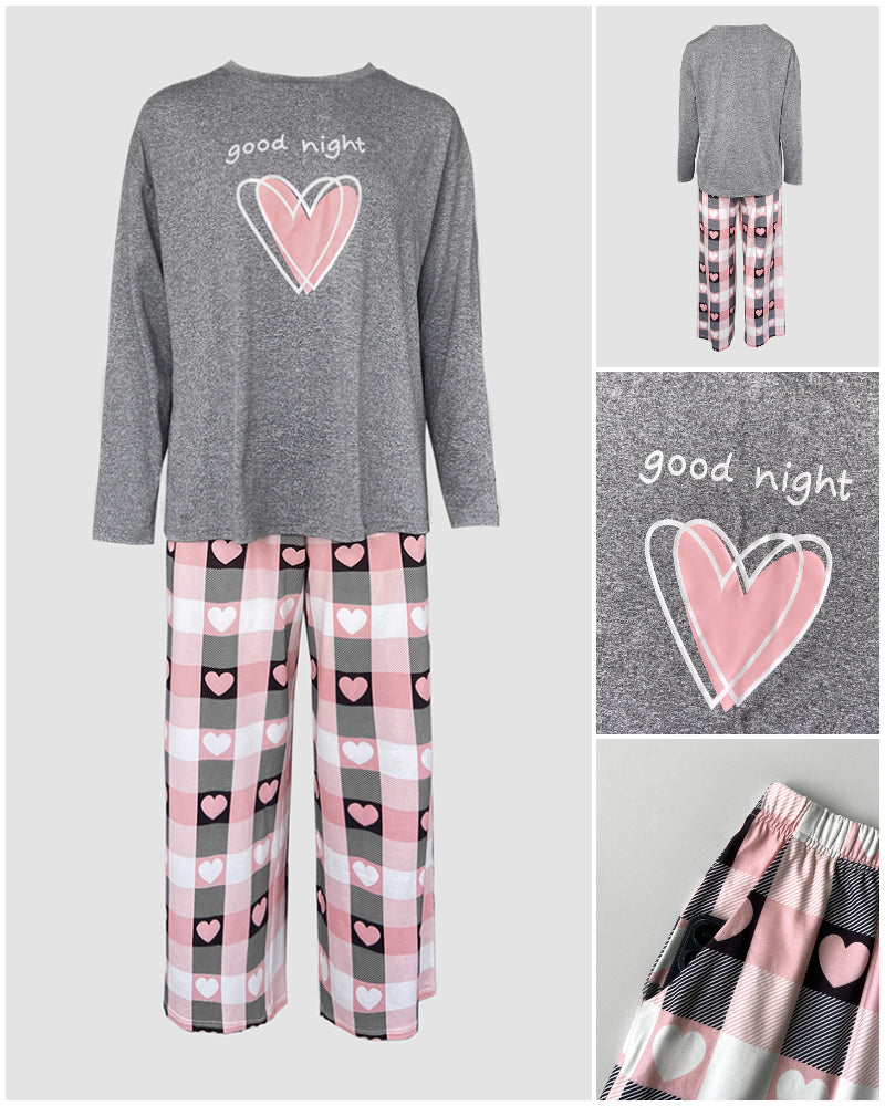 2 Pieces Outfit Letter and Heart Print Long Sleeve Top and Casual Plaid Pnats Sets with Pocket
