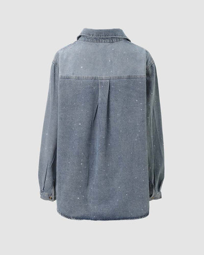 Women's Rhinestone Denim Jacket Washed Button-Down Shacket Sparkling Loose Fit Long Sleeve Casual Outerwear