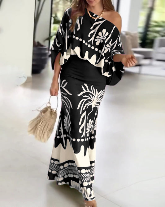 2 Pieces Outfit Skew Neck Lantern Sleeve Loose Fit Top and High Waist Elastic Waist Fishtail Maxi Skirt Set Casual Tropical Print Vacation Set