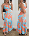 Floral Print Square Neck Adjustable Straps Shirred Back Maxi Dress Casual Cutout Waist Ruffle Hem Vacation Dress