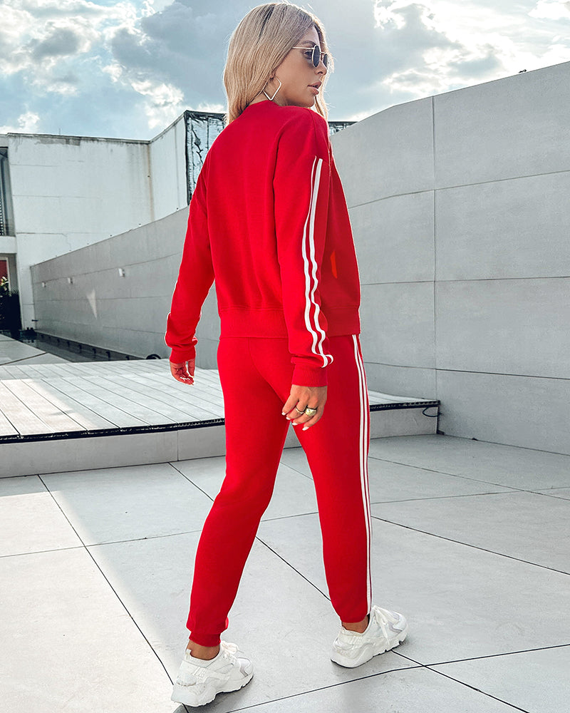 3 Pieces Outfit Snap Buttons Front Coat and Elastic Waist Seam Front Stretchy Cuffs Pants Set with Tank Top Casual Contrast Side Striped Tracksuit