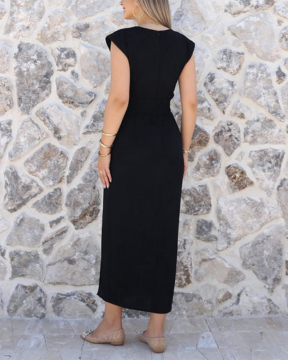Women's Sleeveless Side Slit Mid-length Dress Shoulder Pads Ruched Button Waist Pencil Dress Elegant Business Gown