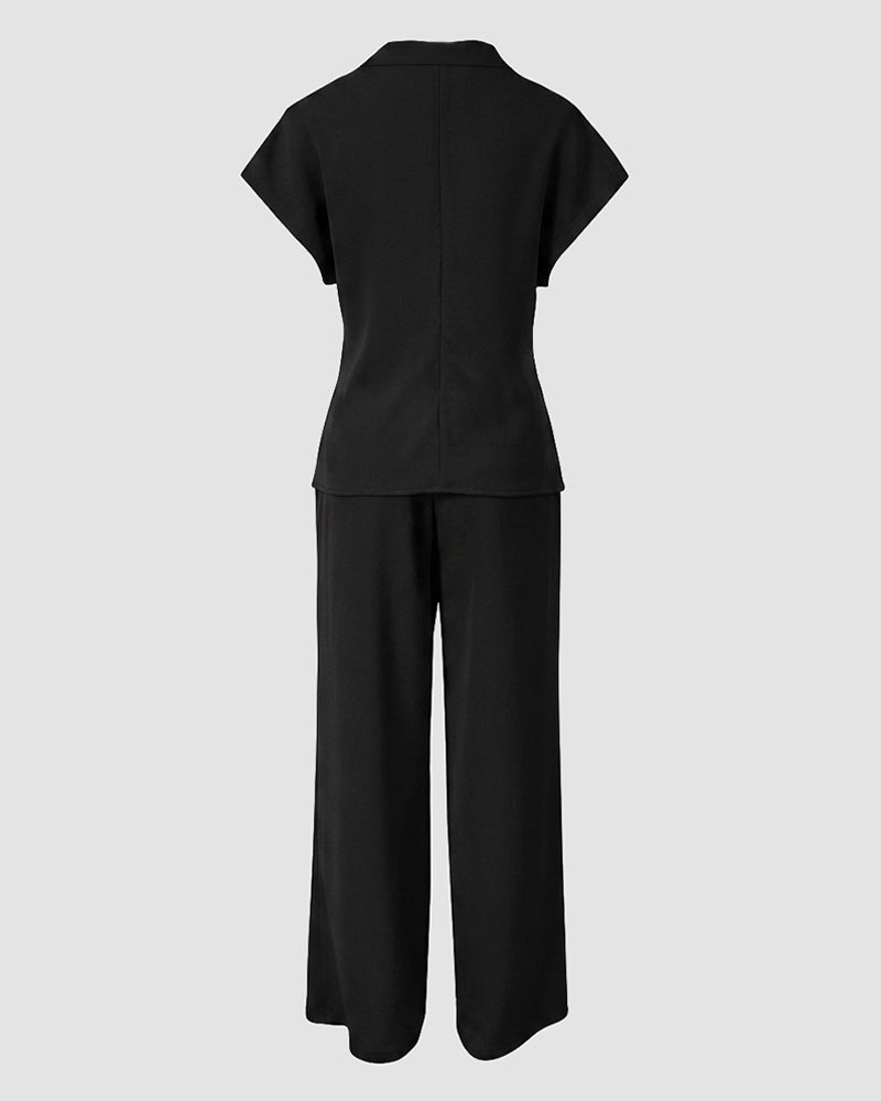 Women's 2 Piece Outfits V Neck Twist Front Slit Top and High Waisted Straight Leg Pants Set Commute Business Casual Suit