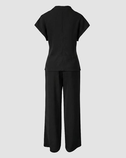 Women's 2 Piece Outfits V Neck Twist Front Slit Top and High Waisted Straight Leg Pants Set Commute Business Casual Suit