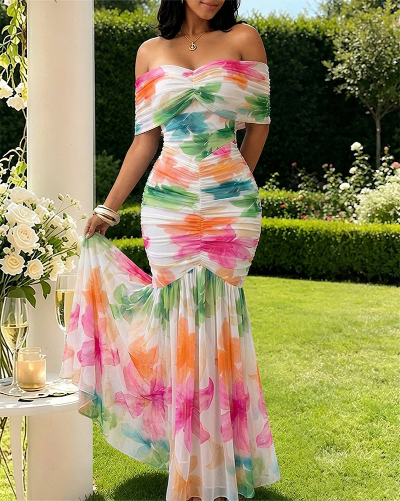 Women's Foldover Off-Shoulder Floral Mermaid Dress Mesh Ruched Maxi Gown with Detachable Clear Straps