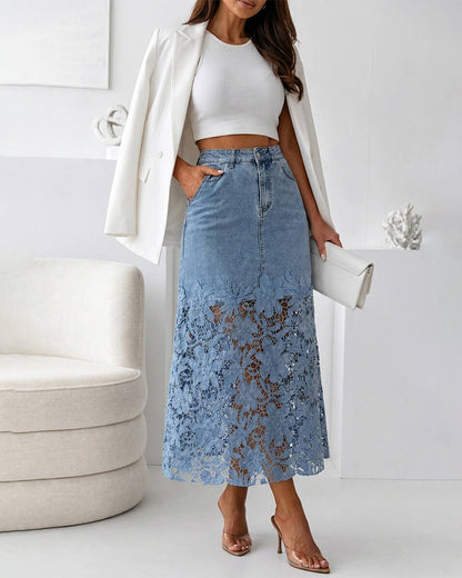 Women's Guipure Lace Spliced Denim Skirt High Waisted Jean Skirt French-Style Casual Skirt