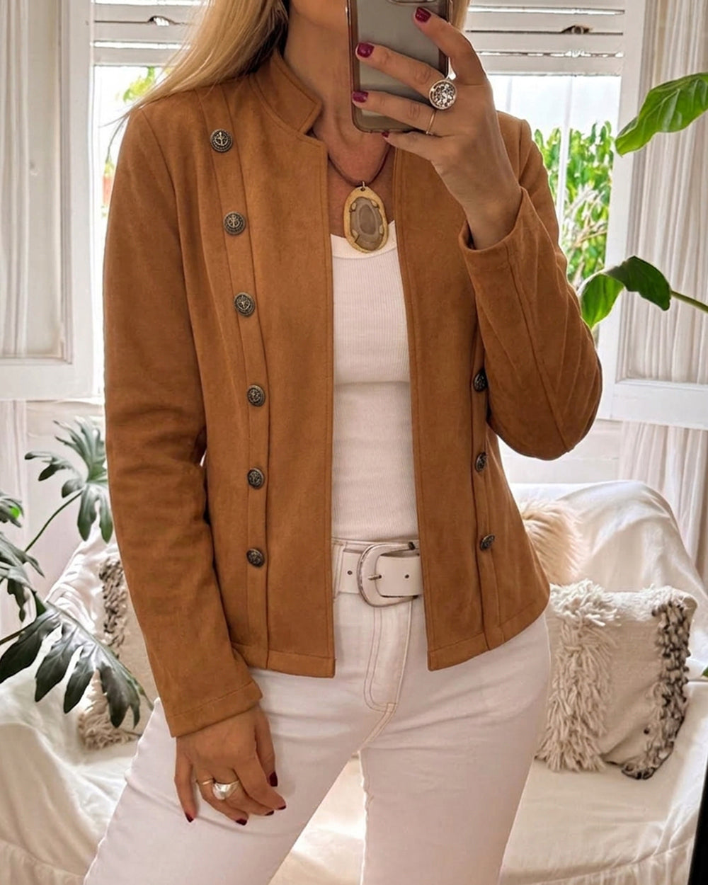 Double Breasted Decor Stand Collar Open Front Faux Suede Jacket Casual Coat