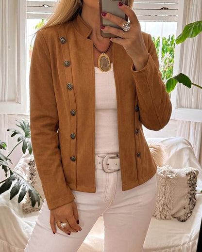 Double Breasted Decor Stand Collar Open Front Faux Suede Jacket Casual Coat