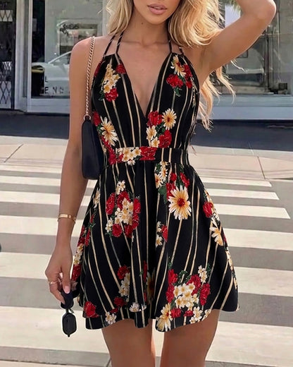 Women's Halter Tie Backless Romper Deep V Neck Rhinestone Floral Skorts Romper