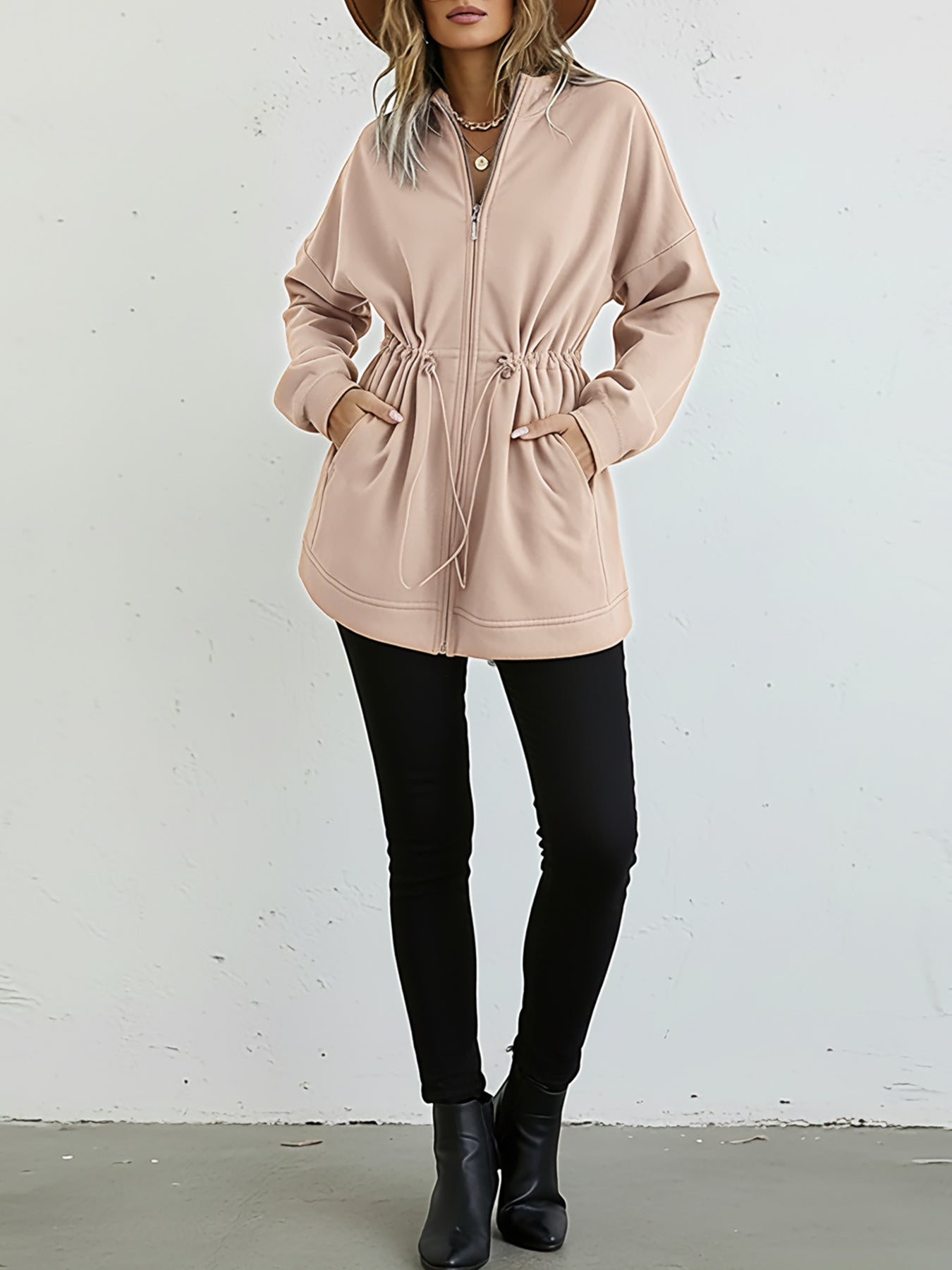 Long Sleeve Waist Drawstring Hooded Coat Casual Loose Fit Cardigan Jacket with Pockets