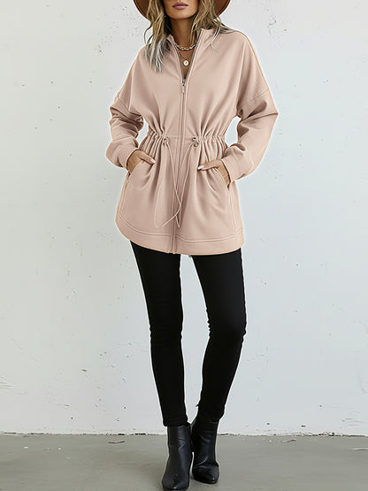 Long Sleeve Waist Drawstring Hooded Coat Casual Loose Fit Cardigan Jacket with Pockets