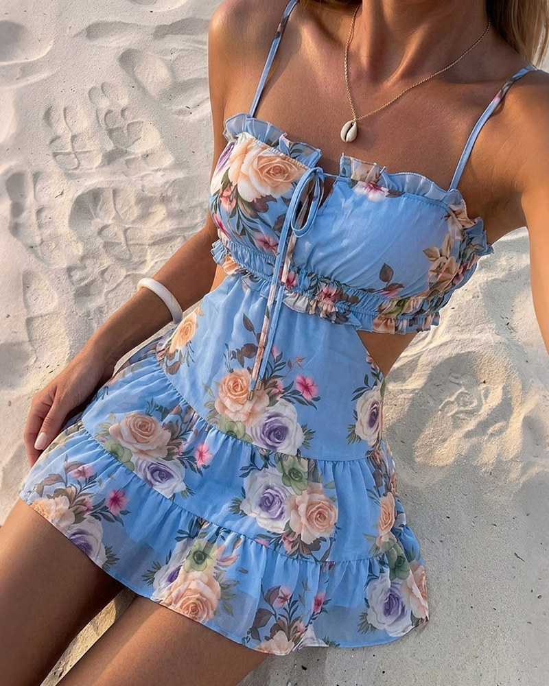 Women's Floral Cutout Mini Cami Dress Adjustable Strap Ruched Tied Shirred Ruffle Hem Vacation Sundress with Built-In Bra
