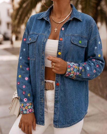 Veste en Jean brodée florale pour femmes, manteau en Jean boutonné coloré, veste délavée décontractée
