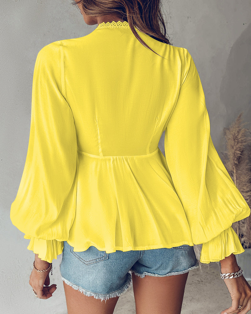 Butterfly Pattern Decor Deep V Neck Long Sleeve Blouse Casual Tie Front Flared Cuffs Lace Trim A-Line Hem Top