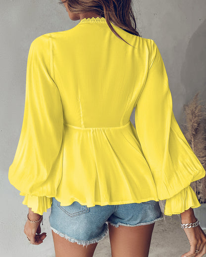 Butterfly Pattern Decor Deep V Neck Long Sleeve Blouse Casual Tie Front Flared Cuffs Lace Trim A-Line Hem Top