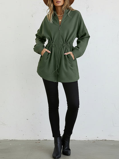 Long Sleeve Waist Drawstring Hooded Coat Casual Loose Fit Cardigan Jacket with Pockets