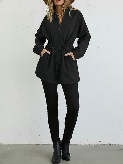 Long Sleeve Waist Drawstring Hooded Coat Casual Loose Fit Cardigan Jacket with Pockets
