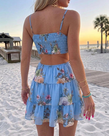 Women's Floral Cutout Mini Cami Dress Adjustable Strap Ruched Tied Shirred Ruffle Hem Vacation Sundress with Built-In Bra