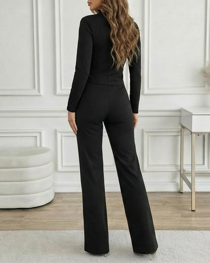 Golden Button Decor Long Sleeve Seam Front Overalls Casual Zipper Back Faux Two-Piece Commuting Jumpsuit