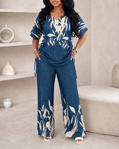 Women's Tropical Plants Print 2 Piece Outfits V Neck Drawstring Ruched Top and Wide Leg Pants Set Casual Loose Loungewear