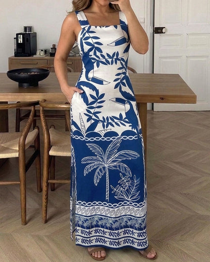 Women's Tropical Placement Print Maxi Dress Thick Strap Backless Slit Vacation Dress Slim Fit Sundress with Pockets