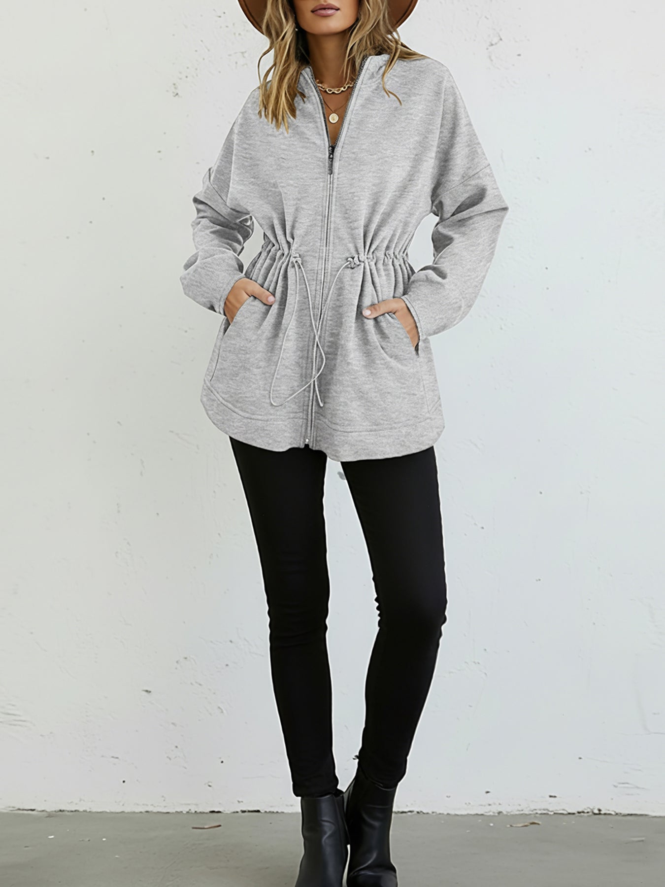 Long Sleeve Waist Drawstring Hooded Coat Casual Loose Fit Cardigan Jacket with Pockets