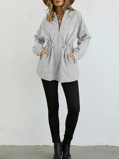 Long Sleeve Waist Drawstring Hooded Coat Casual Loose Fit Cardigan Jacket with Pockets