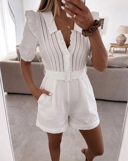 Women's V Neck Frill Trim Short Sleeve Romper Casual Turn-down Collar Hollow Out Romper With Belt