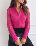 Women's Elegant Mesh Patchwork Shirt Floral Embroidery Stand Collar Pearl Button Long Sleeve Blouse