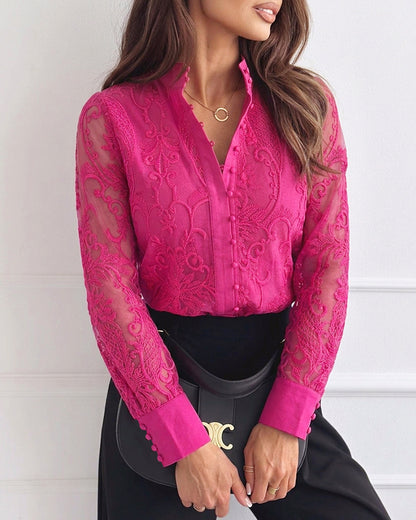 Women's Elegant Mesh Patchwork Shirt Floral Embroidery Stand Collar Pearl Button Long Sleeve Blouse