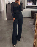 2 Pieces Outfit Round Neck Long Sleeve Semi-Sheer Crop Top and High Waist Elastic Waist Wide Leg Pants Set Casual Minimalist Ribbed Set