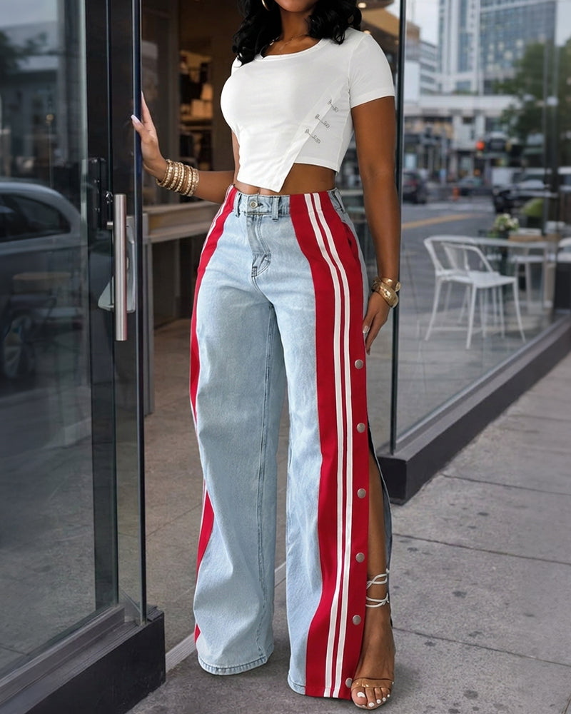 Women's High Waisted Wide Leg Jeans Side Contrast Stripe Patchwork Snap Button Denim Pants