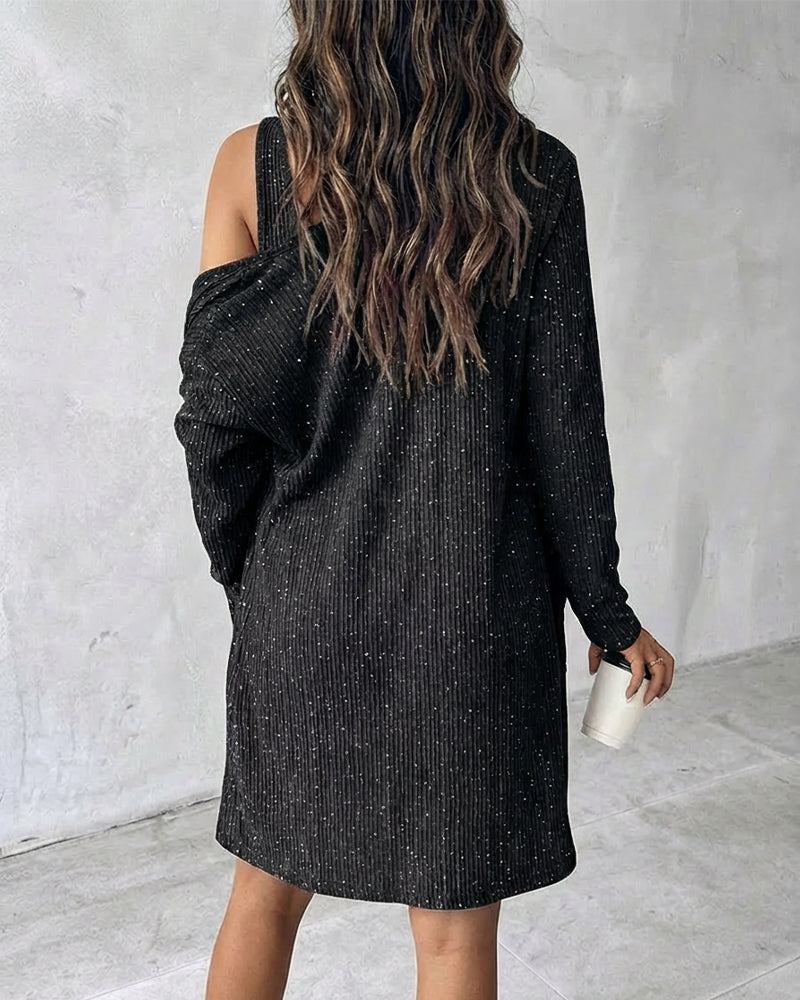 2 Pieces Outfit U-Neck Half Button Front Slim Fit Mini Tank Dress and Long Sleeve Pockets Design Cardigan Casual Rhinestone Decor Textured Set