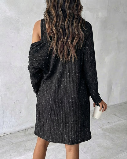 2 Pieces Outfit U-Neck Half Button Front Slim Fit Mini Tank Dress and Long Sleeve Pockets Design Cardigan Casual Rhinestone Decor Textured Set