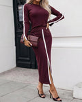 2 Pieces Outfit O-Neck Long Sleeve Slit Cuffs Top and Elastic Waist Slit Front Skirt Set Casual Contrast Striped Set