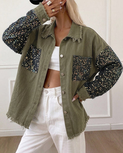 Women's Sequin Patchwork Denim Jacket Raw Hem Button Down Coat Long Sleeve Shacket with Pockets
