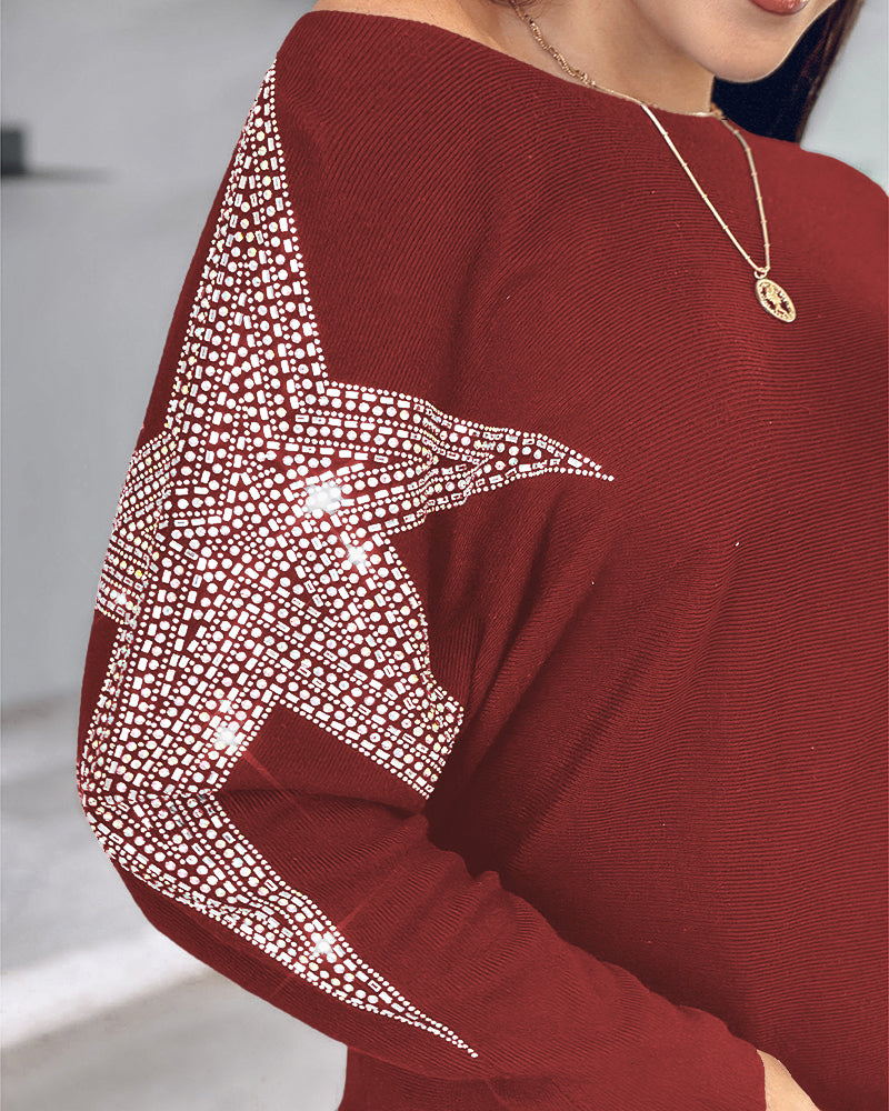 Pullover Knit Sweaters Crewneck Batwing Sleeve Rhinestone Star Pattern Top