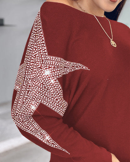 Pullover Knit Sweaters Crewneck Batwing Sleeve Rhinestone Star Pattern Top