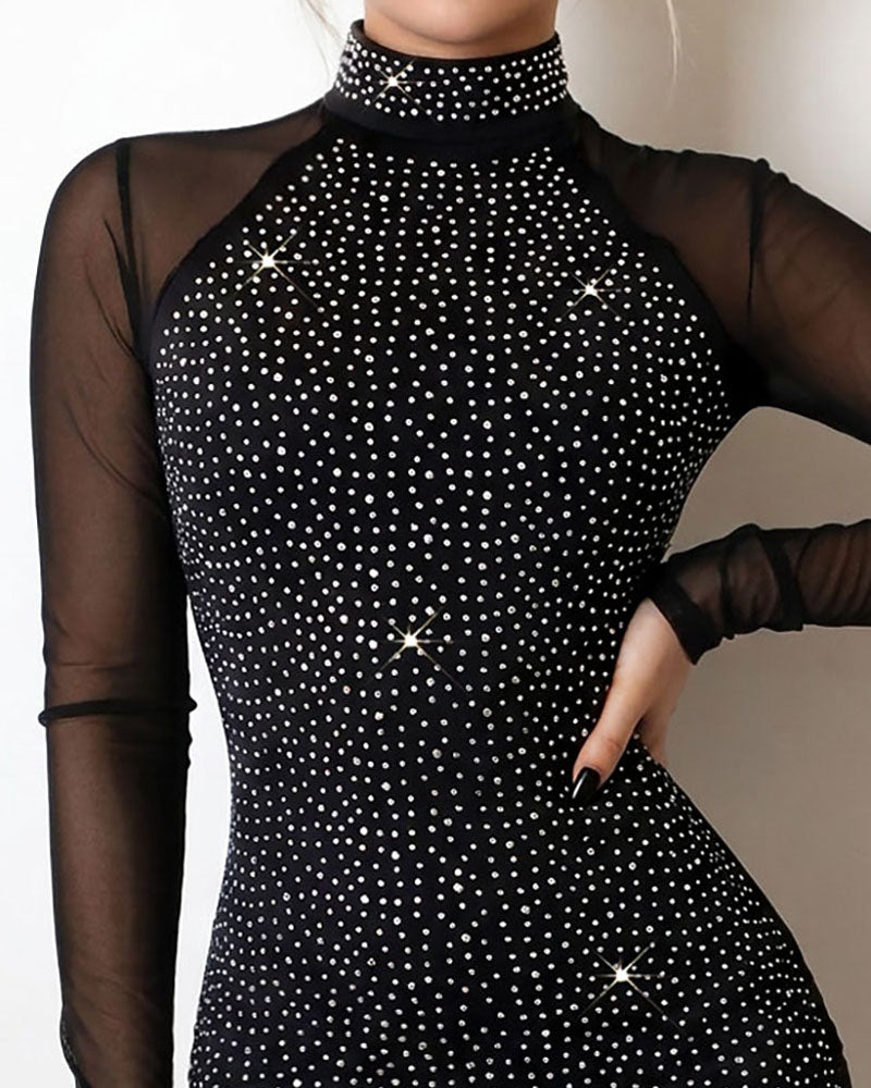 Robe moulante à manches longues et col montant en strass pour femmes, Mini robe de soirée