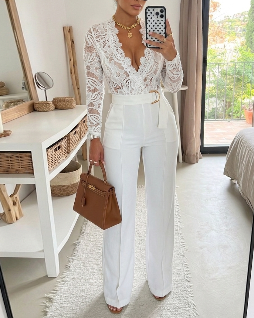 Crochet Lace Trim Deep V Neck Floral Lace Spliced Ovearalls Casual Zipper Back Seam Front Jumpsuit Belt