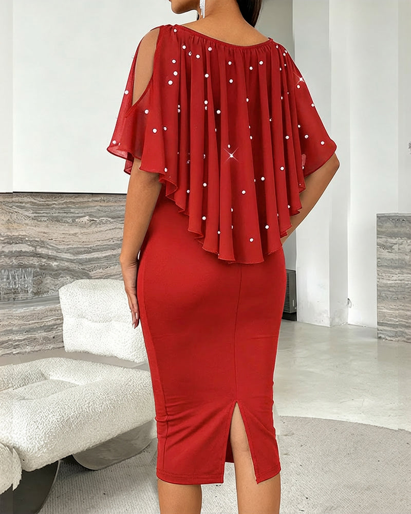 V-Neck Cold Shoulder Slit Back Party Dress Casual Rhinestone & Pearls Decor Asymmetrical Ruffle Chiffon Cape Design Faux Two-Piece Dress
