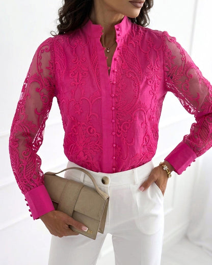 Women's Elegant Mesh Patchwork Shirt Floral Embroidery Stand Collar Pearl Button Long Sleeve Blouse