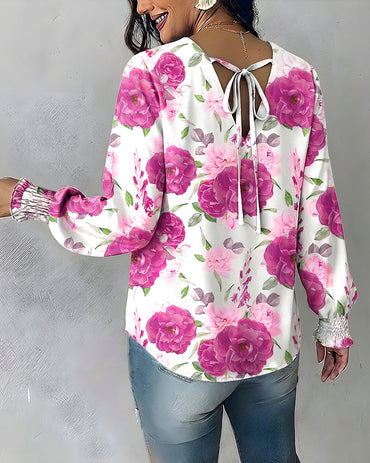 Floral Print V-Neck Long Sleeve Shirred Cuffs Blouse Casual Backless Tie Back Top