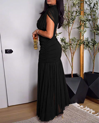 Mock Neck Sleeveless Sheer Mesh Spliced Maxi Dress Elegant Cinched Waist Zipper Side Ruched Evening Dress