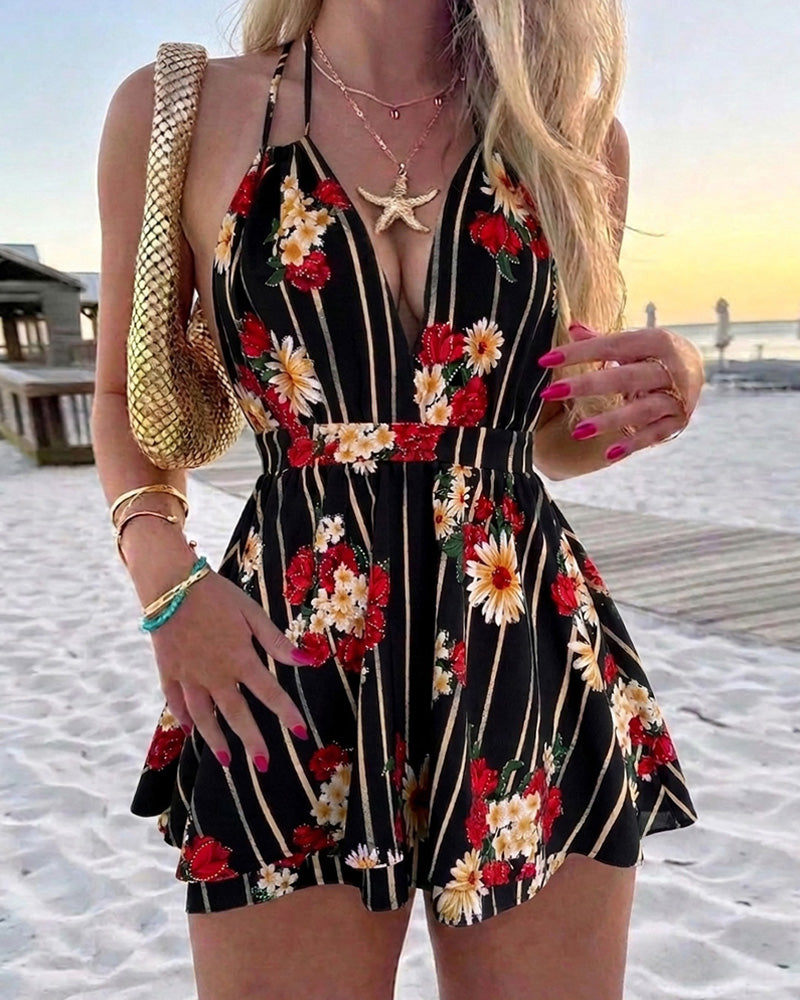 Women's Halter Tie Backless Romper Deep V Neck Rhinestone Floral Skorts Romper