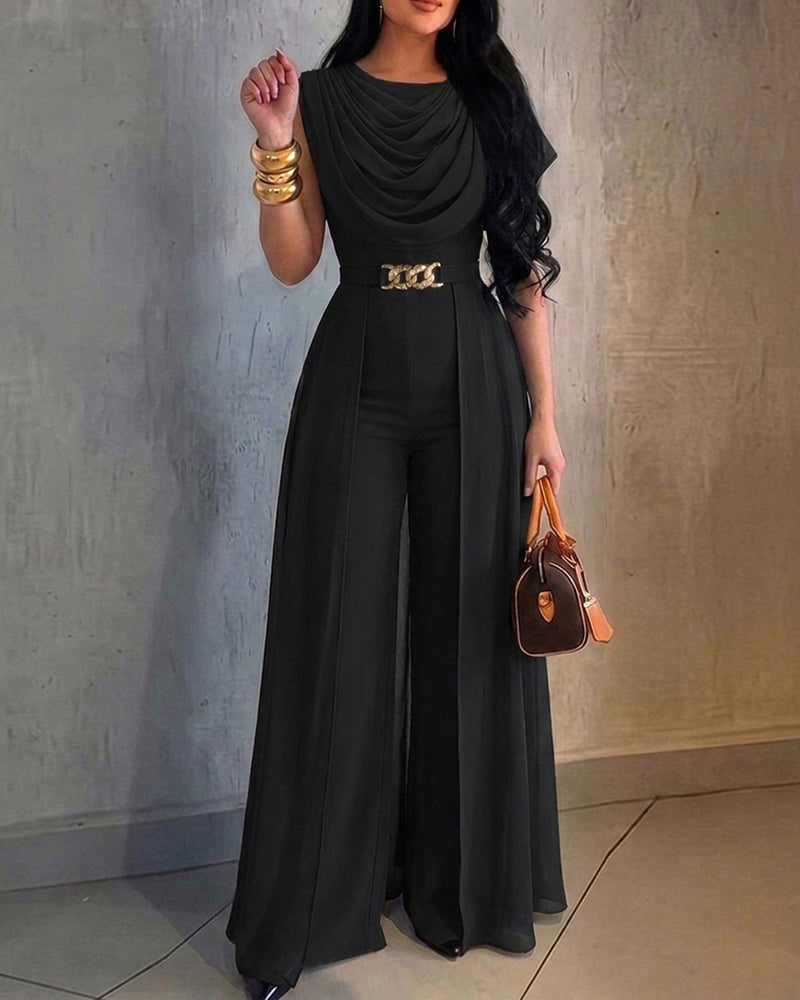 Women's Cowl Neck Wide Leg Jumpsuit High Waist Sleeveless Chiffon Overlay Spliced Evening Overalls with Belt