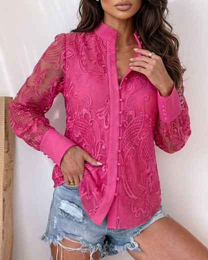 Women's Elegant Mesh Patchwork Shirt Floral Embroidery Stand Collar Pearl Button Long Sleeve Blouse